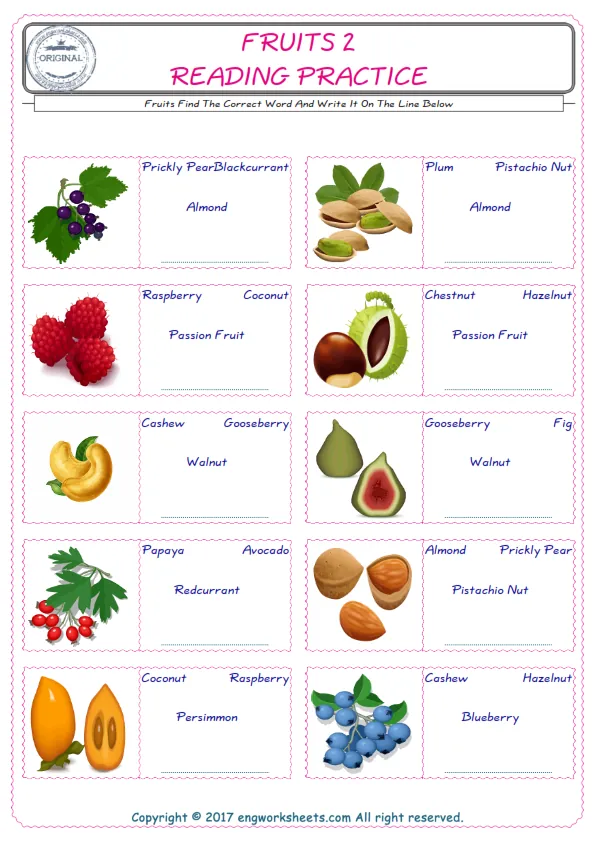 Check the picture of the Fruits for kids ESL worksheet for supplying the correct one among four words into the blank place.
