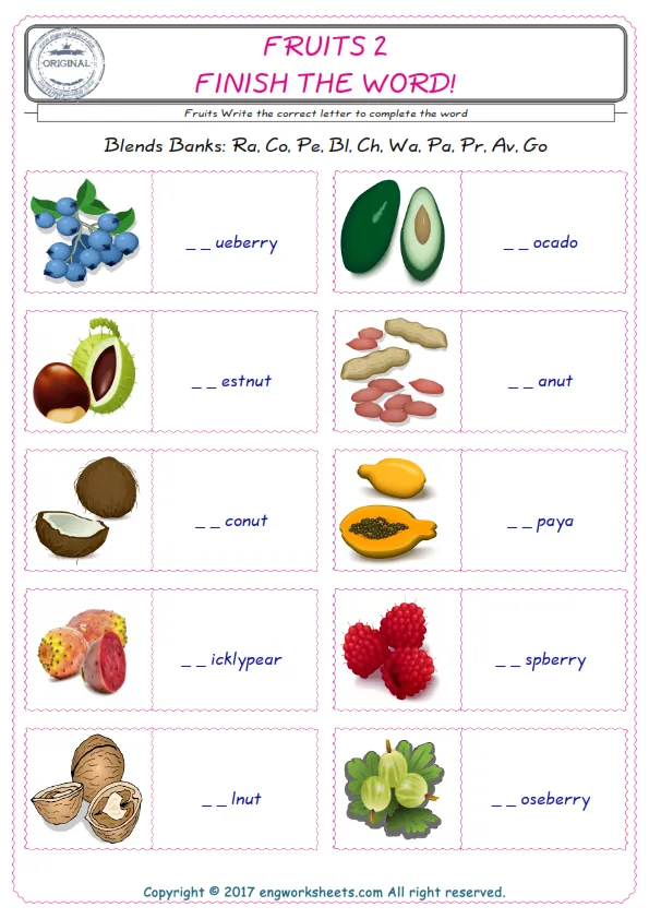 For kids, the Fruits English worksheet for supplying into the correct blank place given letters special to the Fruits Words.