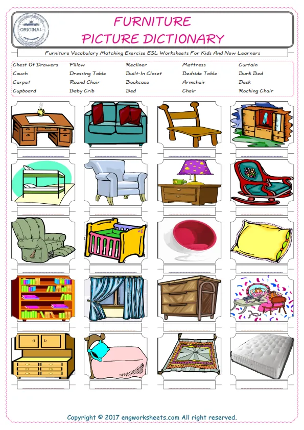 Furniture for Kids ESL Word Matching English Exercise Worksheet.