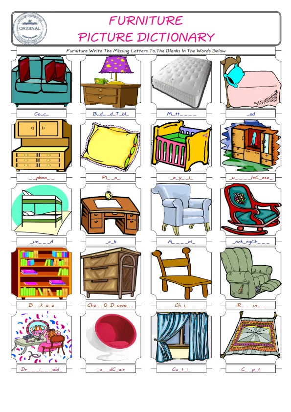 Furniture Words English worksheets For kids, the ESL Worksheet for finding and typing the missing letters of Furniture Words