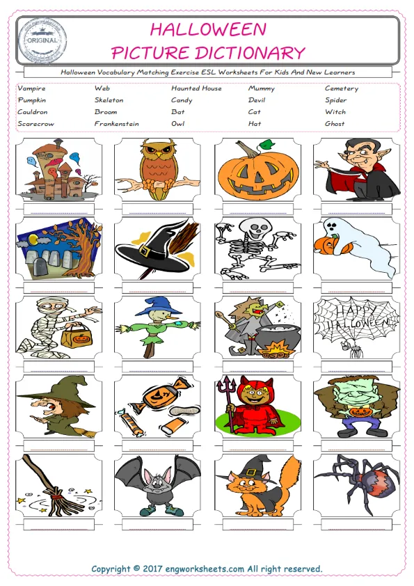 Halloween for Kids ESL Word Matching English Exercise Worksheet.