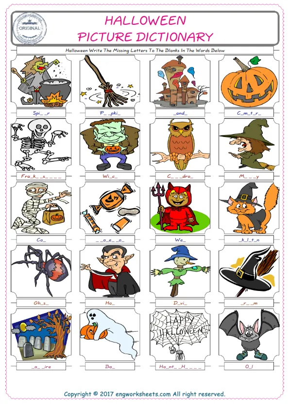 Halloween Words English worksheets For kids, the ESL Worksheet for finding and typing the missing letters of Halloween Words