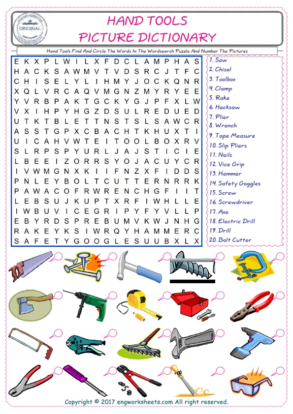 ESL wordsearch worksheets for kids, find Hand Tools words in the word wordsearch write its number on its picture English worksheet.