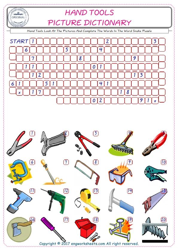 Check the Illustrations of Hand Tools english worksheets for kids, and Supply the Missing Words in the Word Snake Puzzle ESL play.