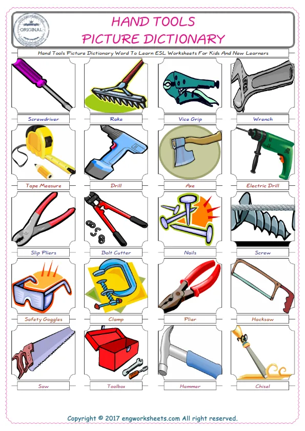 Hand Tools English Worksheet for Kids ESL Printable Picture Dictionary