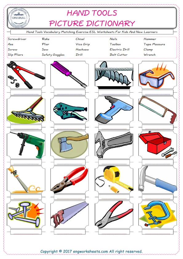 Hand Tools for Kids ESL Word Matching English Exercise Worksheet.