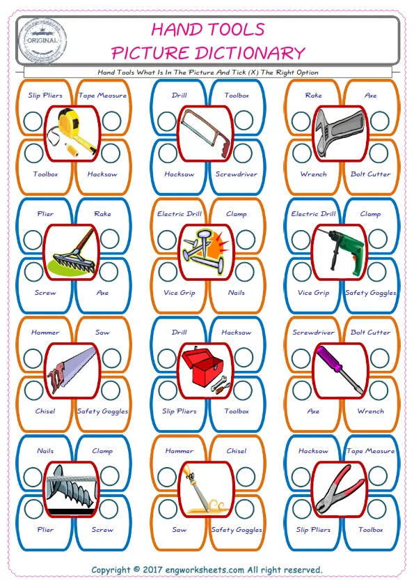 check the picture, mark the correct option amongst the given Hand Tools words English worksheet for kids