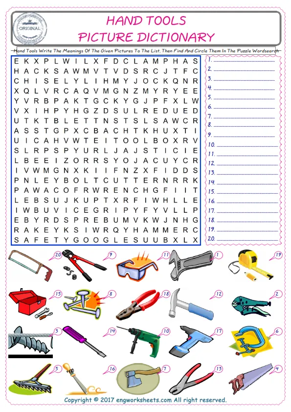 For kids, check the picture of Hand Tools find, and write the word and find it in the word puzzle ESL printable worksheet.