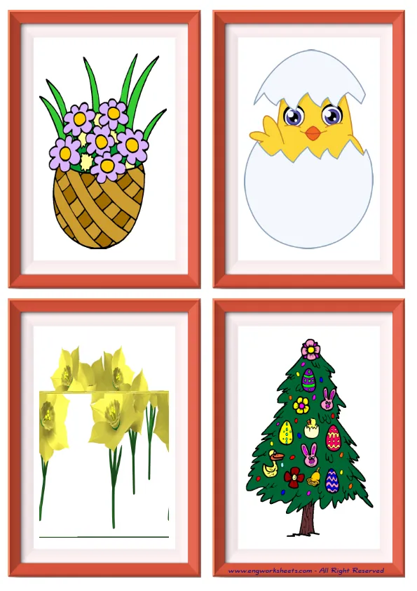 Quarter page ESL Flashcard without words containing Happy Easter picture for kids and teachers.