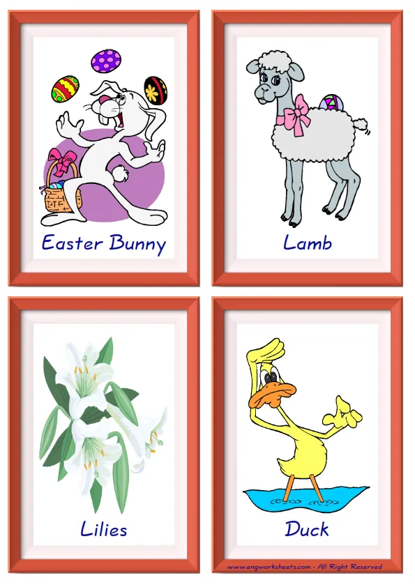 Quarter page ESL Flashcard together with words containing Happy Easter picture for kids and teachers.
