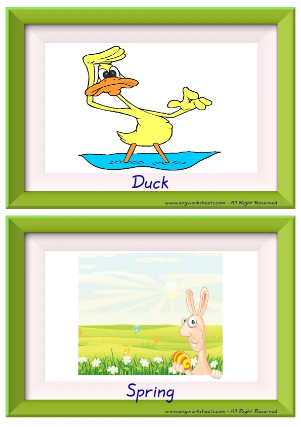 Half page ESL Flashcard together with words containing Happy Easter picture for kids and teachers.