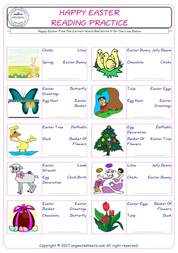 Check the picture of the Happy Easter for kids ESL worksheet for supplying the correct one among three words into the blank place.
