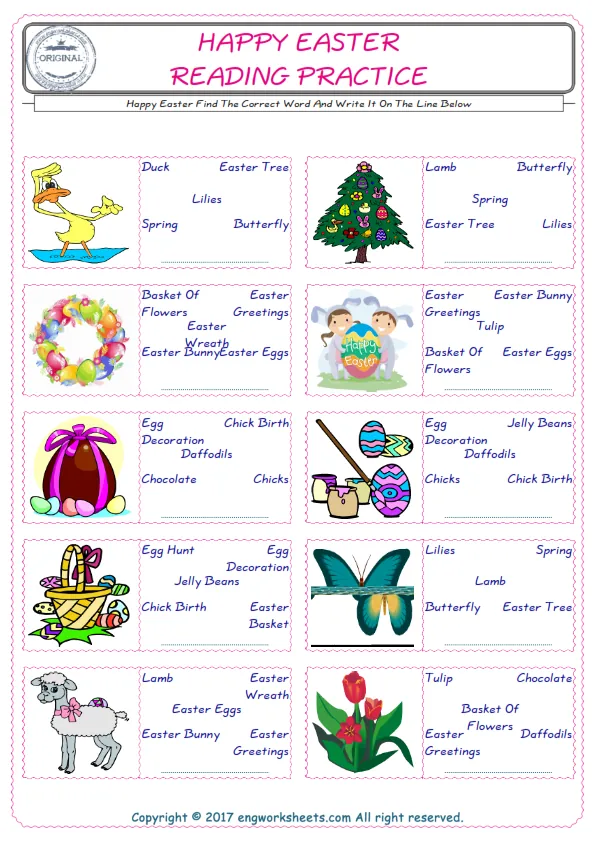 Check the picture of the Happy Easter for kids ESL worksheet for supplying the correct one among five words into the blank place.