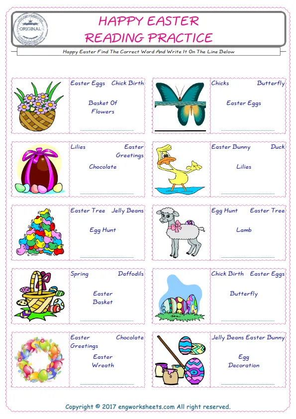 Check the picture of the Happy Easter for kids ESL worksheet for supplying the correct one among four words into the blank place.
