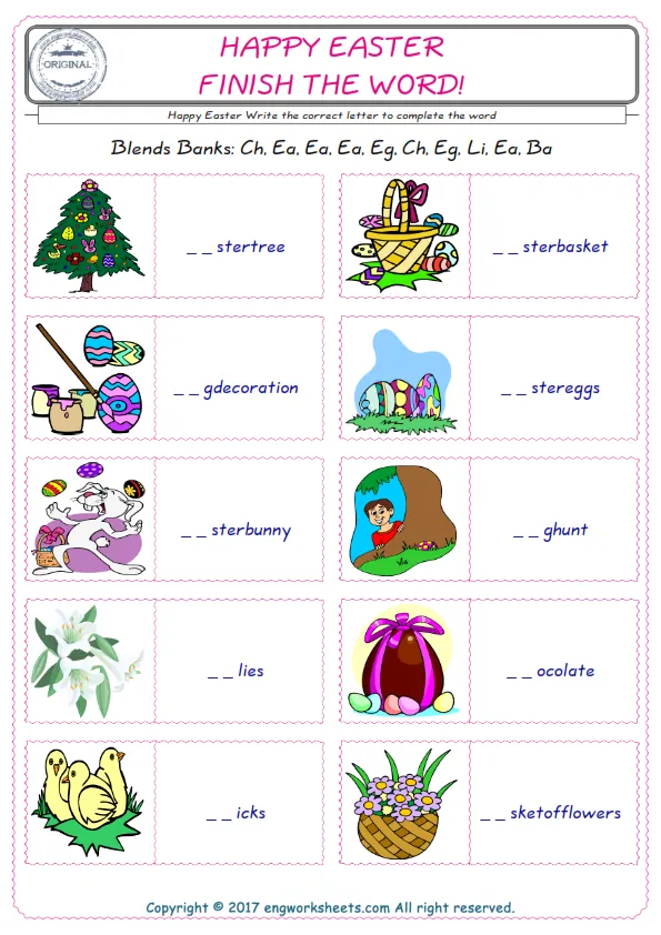 For kids, the Happy Easter English worksheet for supplying into the correct blank place given letters special to the Happy Easter Words.