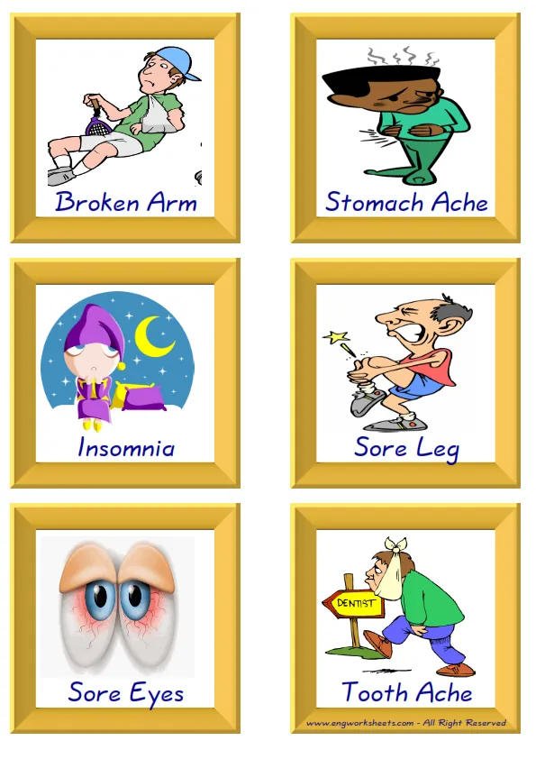 ESL Flashcard together with words containing Health Problems picture for kids and teachers.
