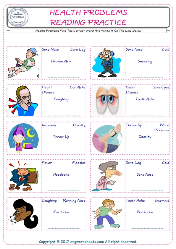 Check the picture of the Health Problems for kids ESL worksheet for supplying the correct one among four words into the blank place.
