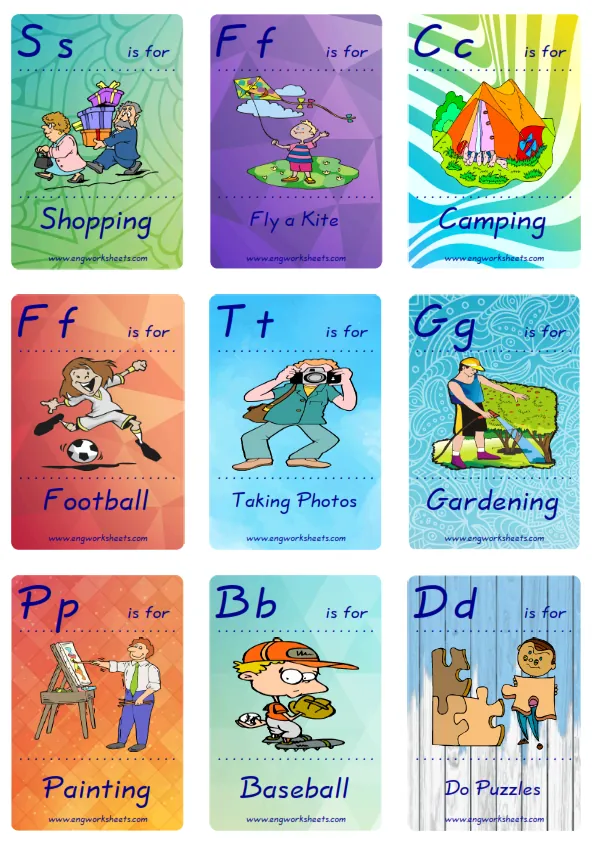 Mini size ESL Flashcard Hobbies for kids and teachers.