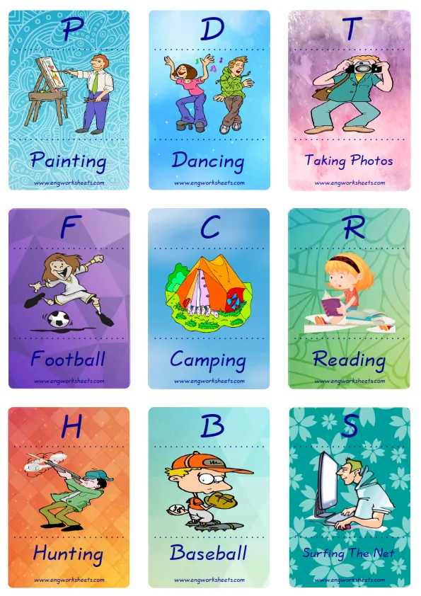 Mini size enjoyable ESL Flashcard Hobbies for kids and teachers.