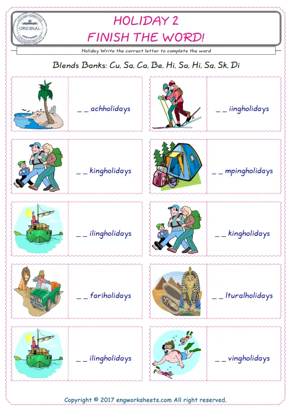 For kids, the Holiday English worksheet for supplying into the correct blank place given letters special to the Holiday Words.