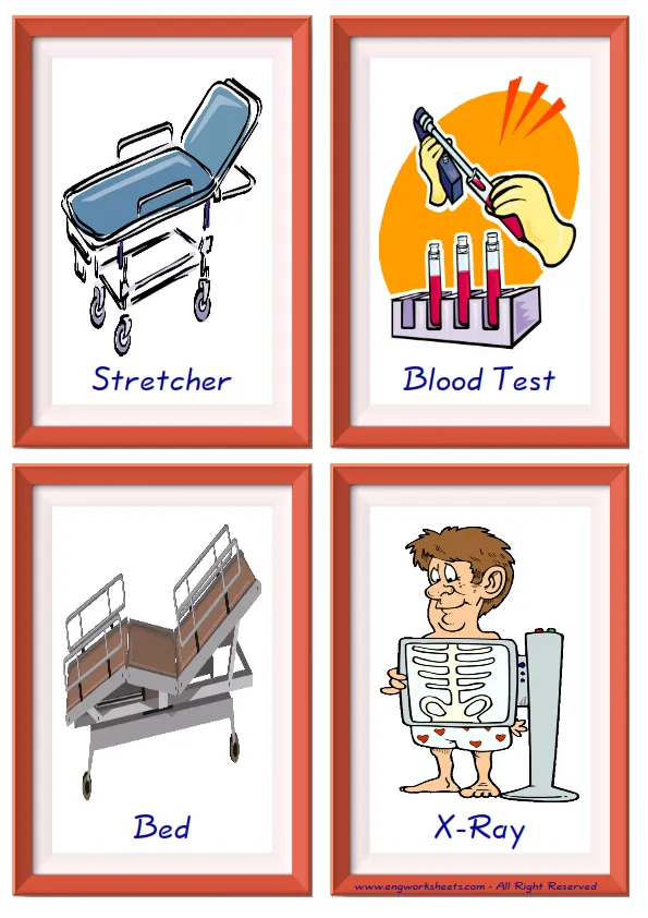 Quarter page ESL Flashcard together with words containing Hospital picture for kids and teachers.