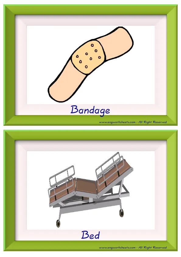 Half page ESL Flashcard together with words containing Hospital picture for kids and teachers.