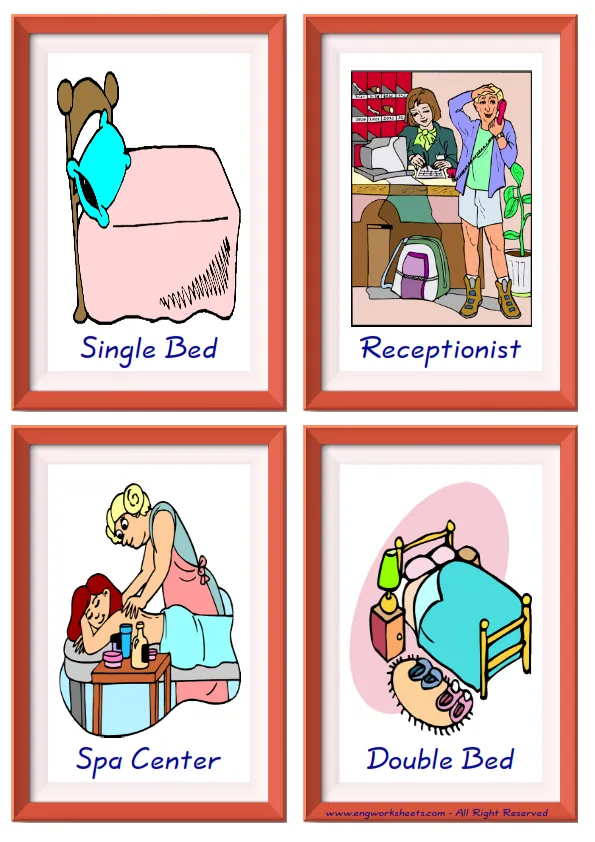 Quarter page ESL Flashcard together with words containing Hotel picture for kids and teachers.