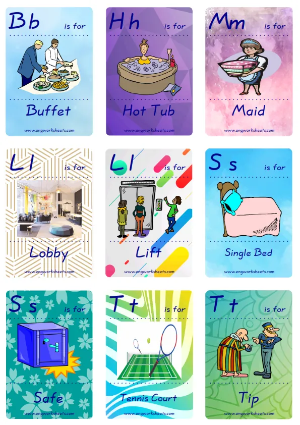 Mini size ESL Flashcard Hotel for kids and teachers.