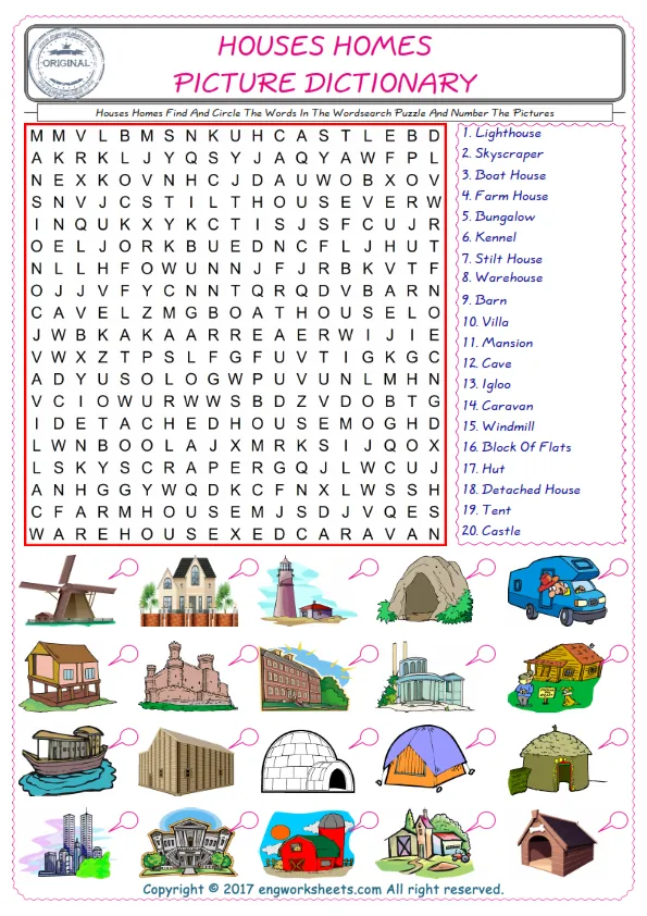 ESL wordsearch worksheets for kids, find Houses Homes words in the word wordsearch write its number on its picture English worksheet.
