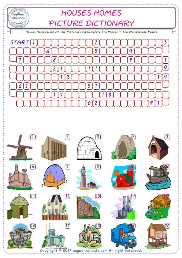 Check the Illustrations of Houses Homes english worksheets for kids, and Supply the Missing Words in the Word Snake Puzzle ESL play.