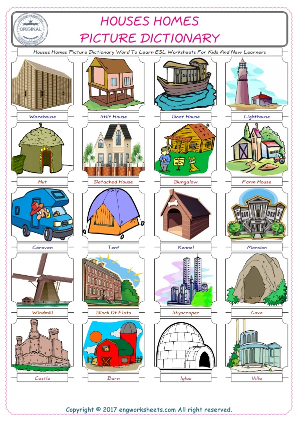 Houses Homes English Worksheet for Kids ESL Printable Picture Dictionary