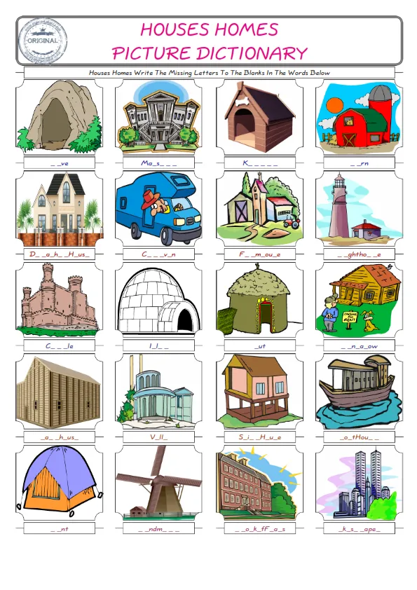 Houses Homes Words English worksheets For kids, the ESL Worksheet for finding and typing the missing letters of Houses Homes Words