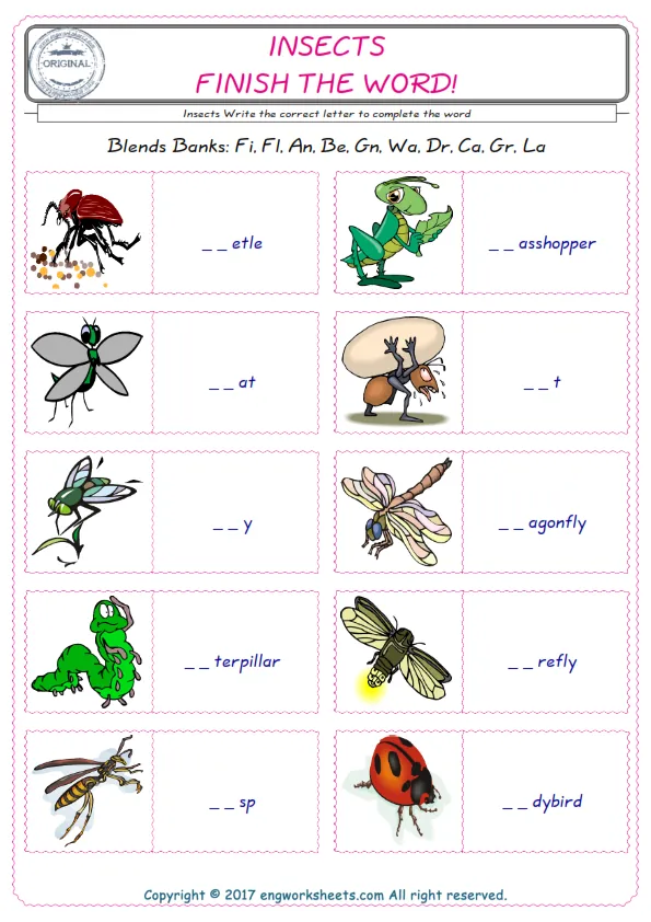 For kids, the Insects English worksheet for supplying into the correct blank place given letters special to the Insects Words.