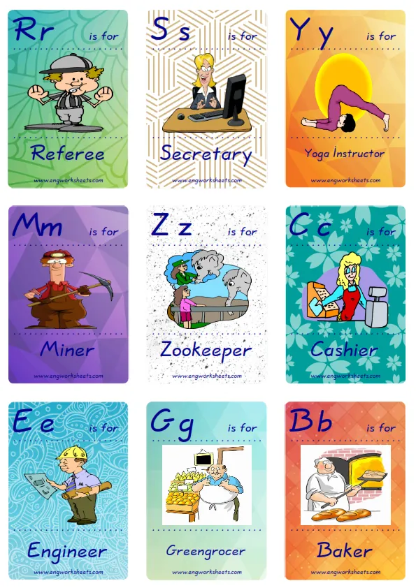 Mini size ESL Flashcard Jobs-Occupations for kids and teachers.
