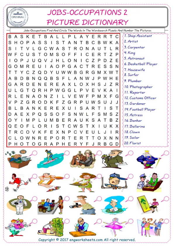 ESL wordsearch worksheets for kids, find Jobs-Occupations words in the word wordsearch write its number on its picture English worksheet.