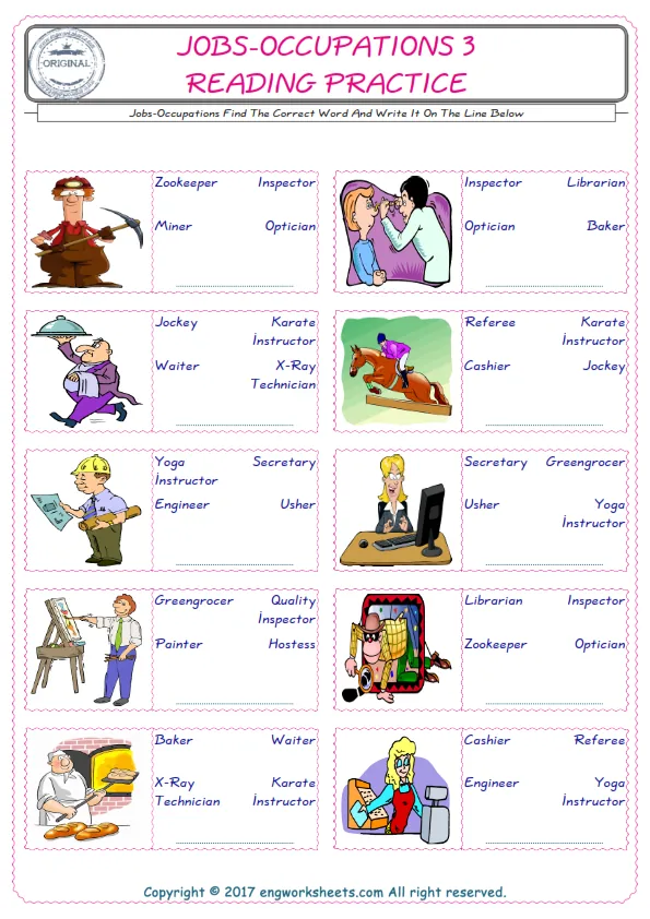 Check the picture of the Jobs-Occupations for kids ESL worksheet for supplying the correct one among three words into the blank place.