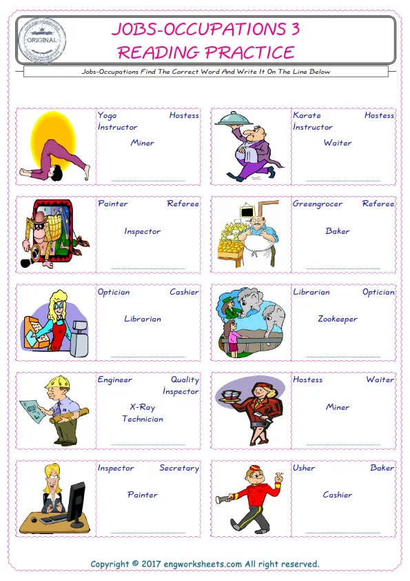 Check the picture of the Jobs-Occupations for kids ESL worksheet for supplying the correct one among four words into the blank place.