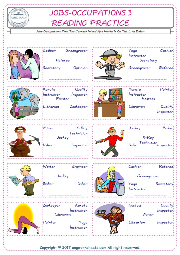 Check the picture of the Jobs-Occupations for kids ESL worksheet for supplying the correct one among five words into the blank place.