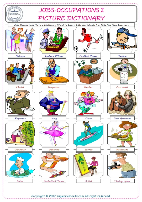 Jobs-Occupations English Worksheet for Kids ESL Printable Picture Dictionary
