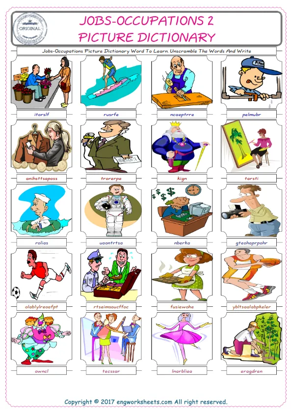 Jobs-Occupations ESL Worksheets For kids, the exercise worksheet of finding the words given complexly and supplying the correct one.