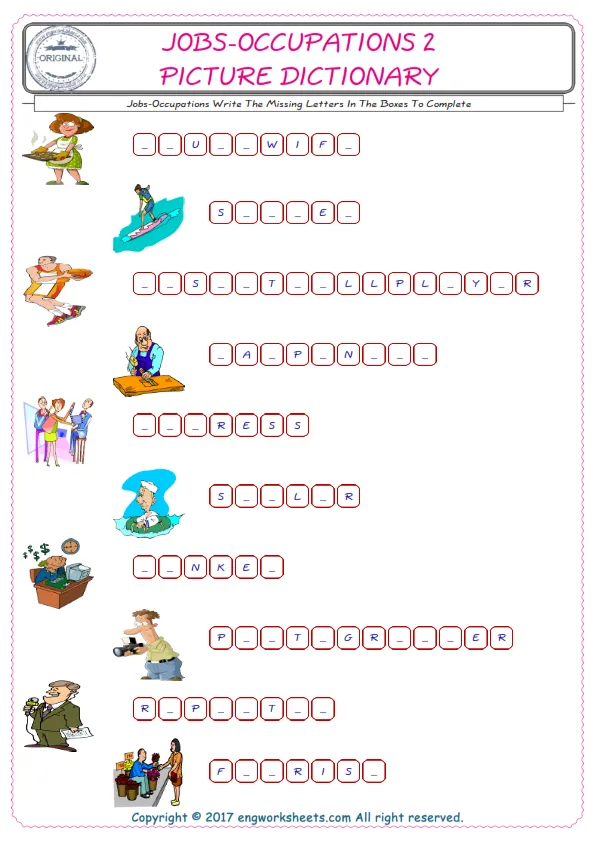 Type in the blank and learn the missing letters in the Jobs-Occupations words given for kids English worksheet.
