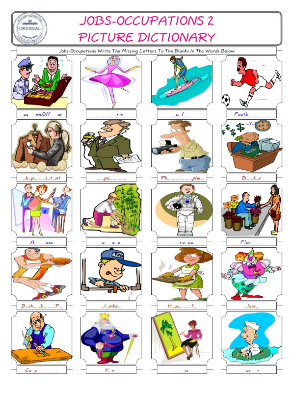 Jobs-Occupations Words English worksheets For kids, the ESL Worksheet for finding and typing the missing letters of Jobs-Occupations Words