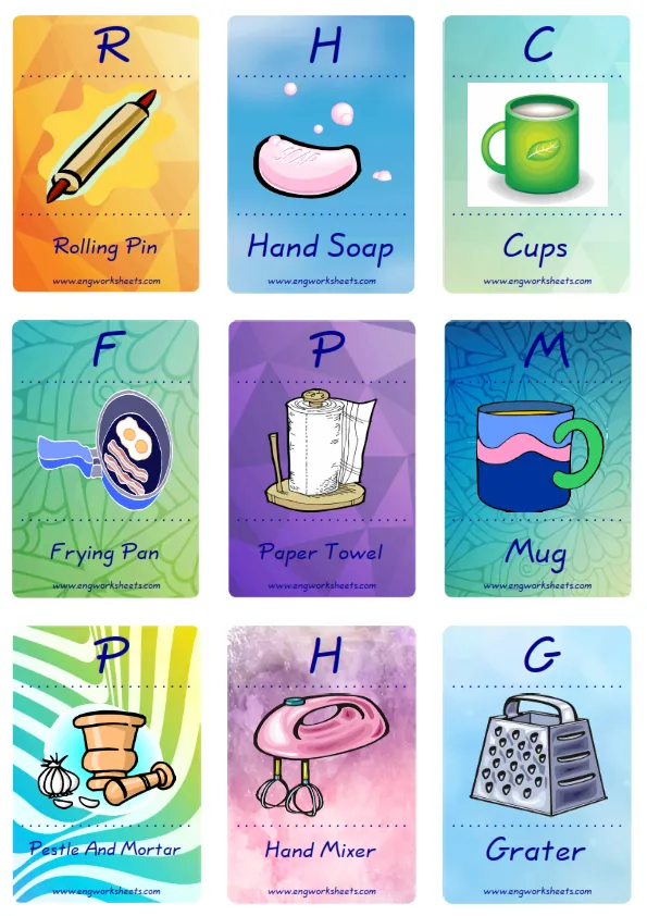 Mini size enjoyable ESL Flashcard Kitchen for kids and teachers.