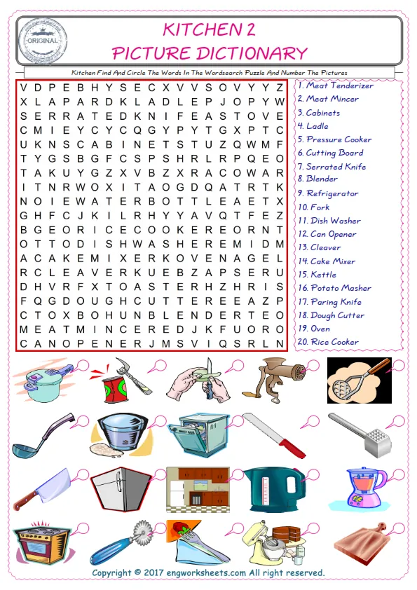 ESL wordsearch worksheets for kids, find Kitchen words in the word wordsearch write its number on its picture English worksheet.