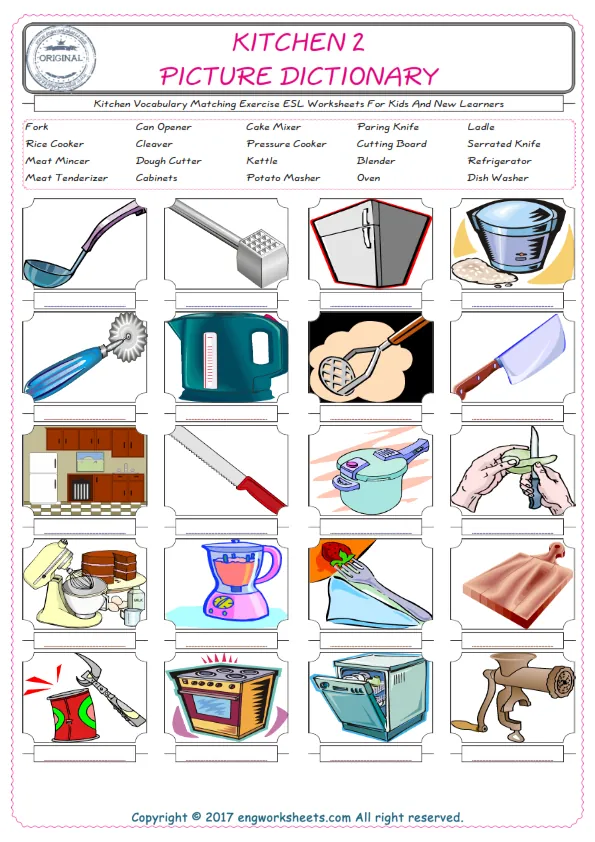 Kitchen for Kids ESL Word Matching English Exercise Worksheet.