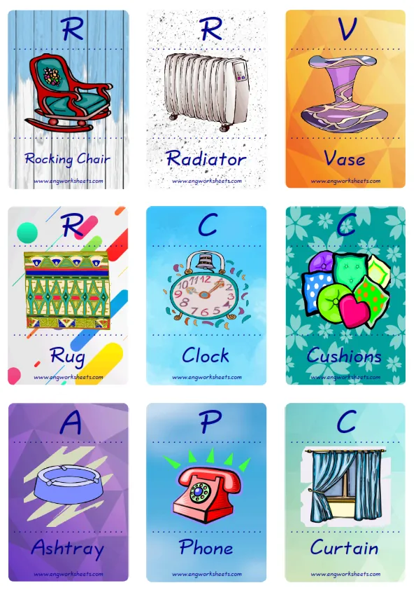 Mini size enjoyable ESL Flashcard Living Room for kids and teachers.