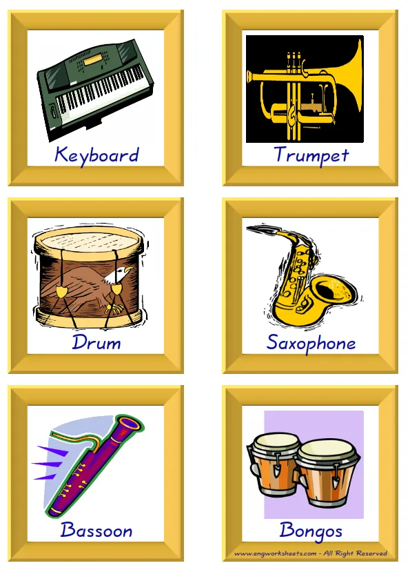 ESL Flashcard together with words containing Musical Instruments picture for kids and teachers.