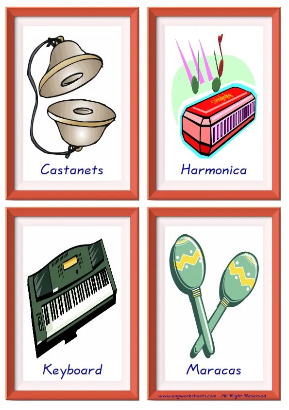 Quarter page ESL Flashcard together with words containing Musical Instruments picture for kids and teachers.
