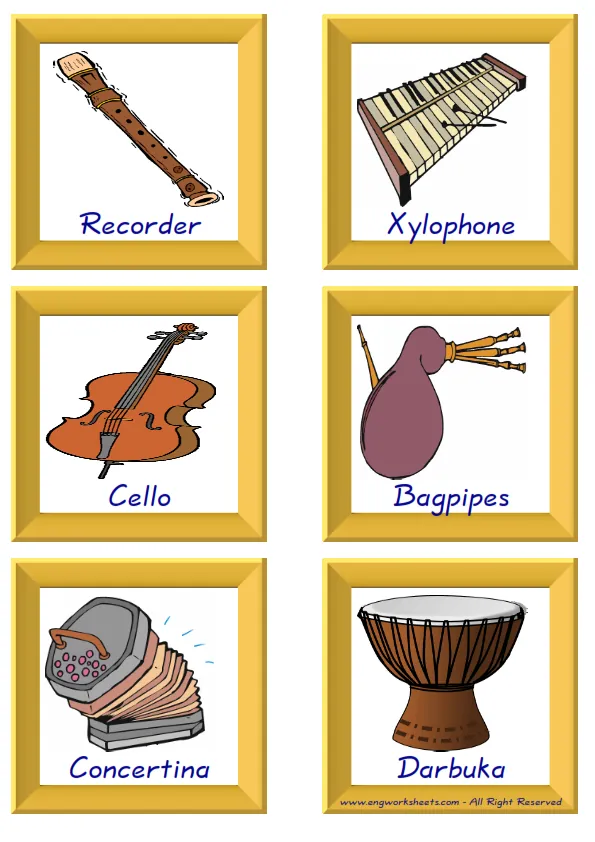 ESL Flashcard together with words containing Musical Instruments picture for kids and teachers.