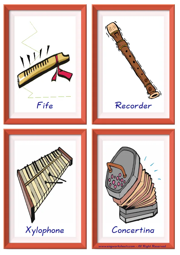 Quarter page ESL Flashcard together with words containing Musical Instruments picture for kids and teachers.